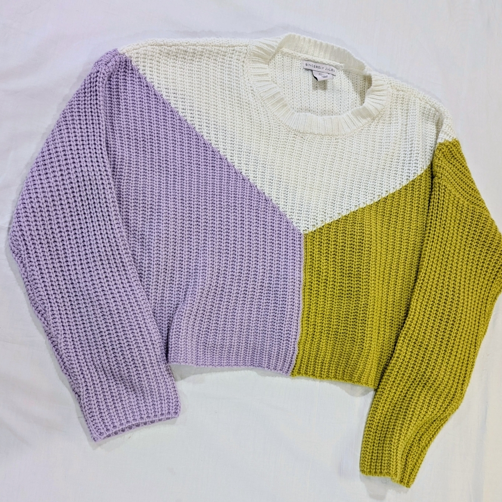 Colorblock Sweater - Cream, Purple, Yellow Crop Women's Large Grandmacore - Picture 2 of 11